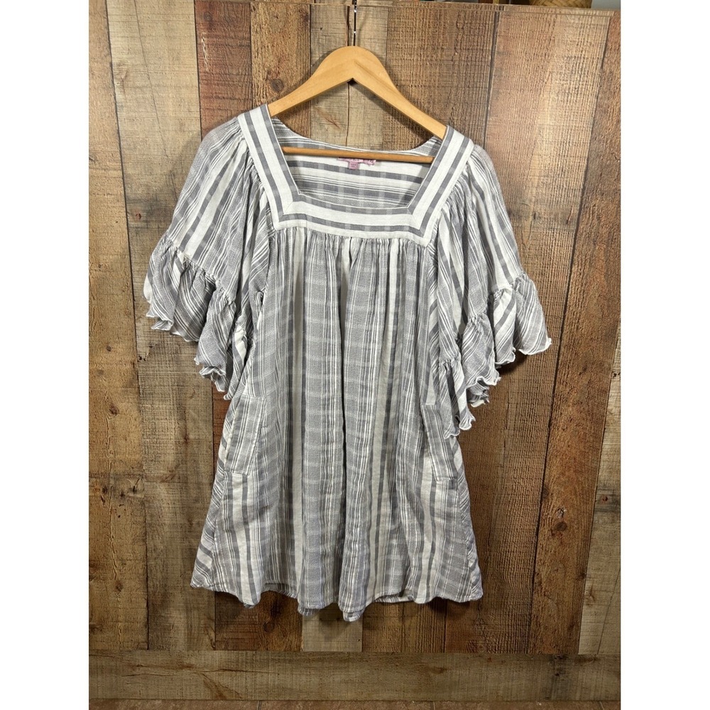 Calypso St Barth Dress XS Gray Stripe Cotton Boho Peasant Pockets Ruffle Cruise
